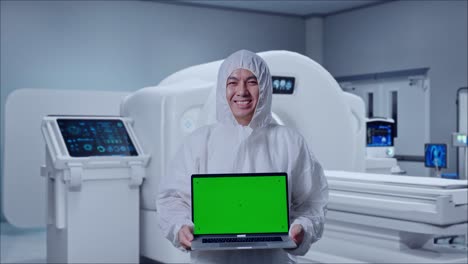 asian male scientist smiling and showing green screen laptop while standing with mri machine in the hospital
