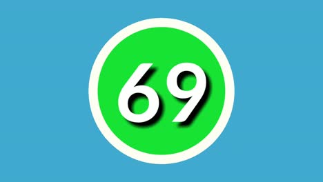 number 69 sixty nine sign symbol animation motion graphics on green sphere on blue background,4k cartoon video number for video elements