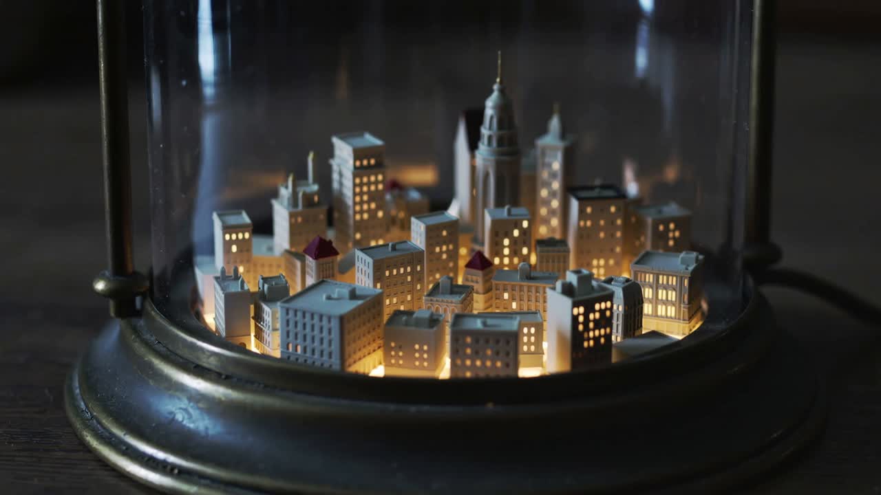 Telecamera che effettua una panoramica rivelando una città in miniatura illuminata sotto una campana di vetro trasparente, esponendo i supporti di base.
