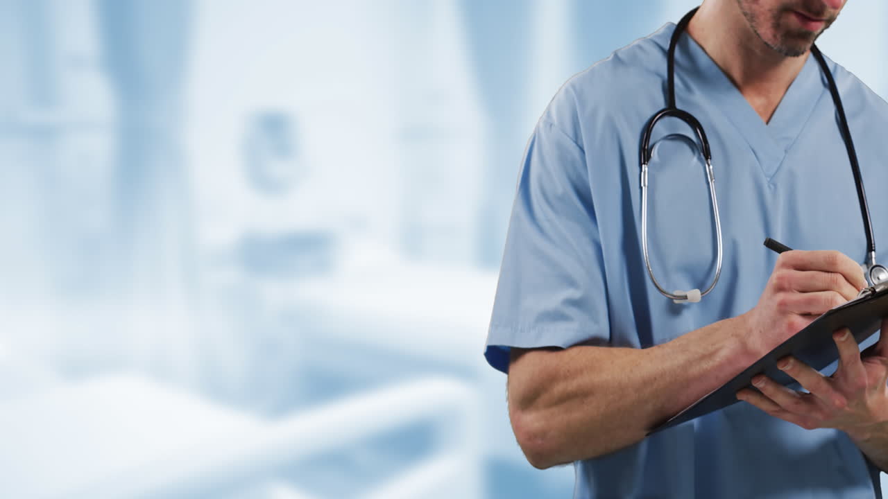 Animation of caucasian male doctor over blue blurred background