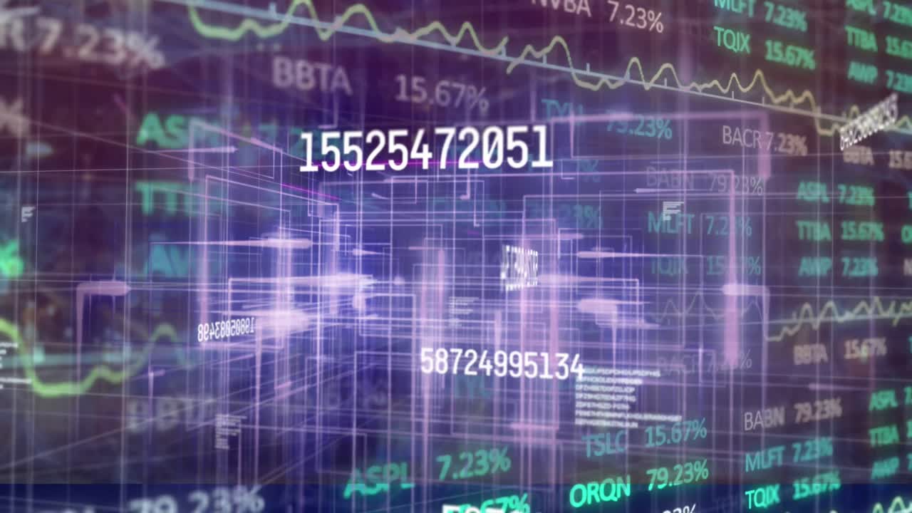 Animation of financial data processing over dark background