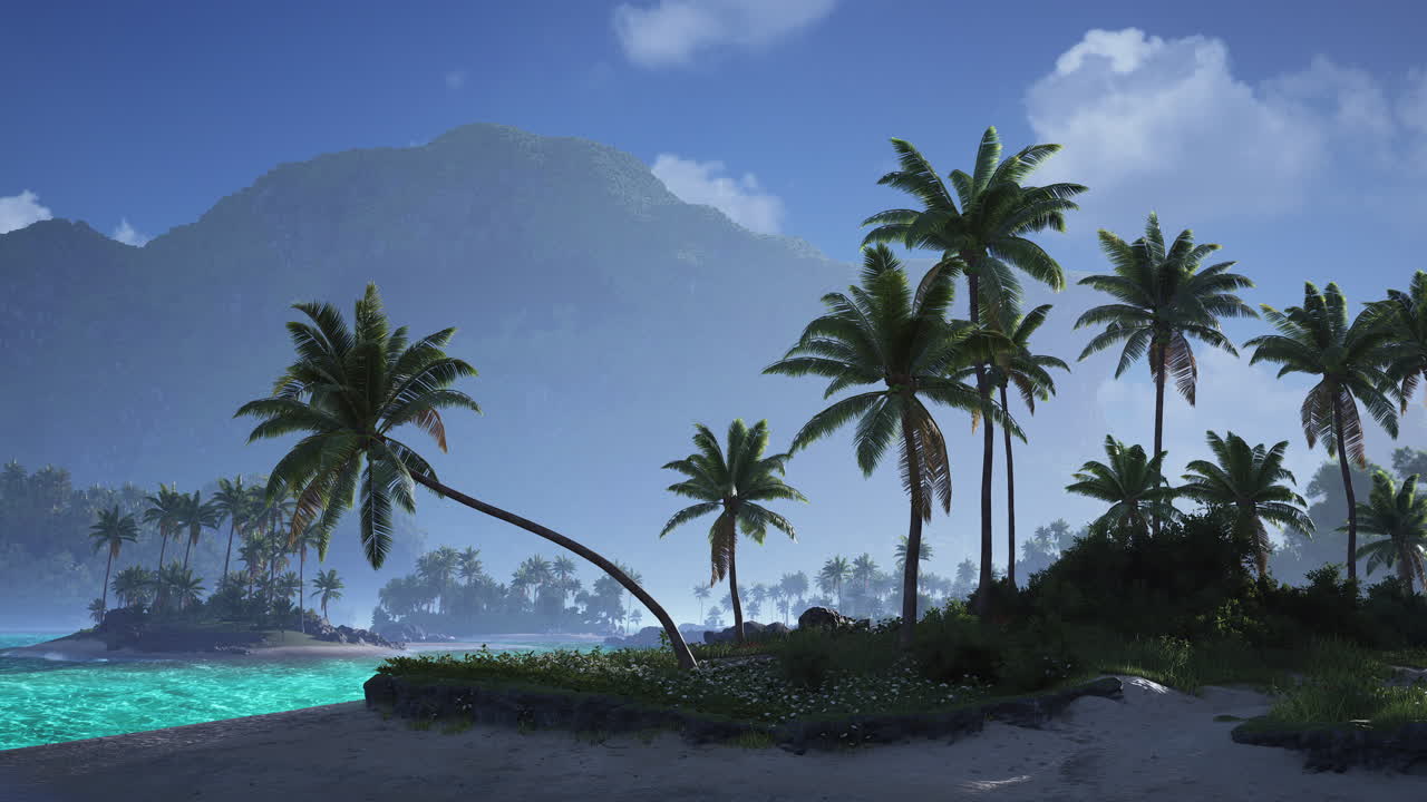 Beautiful tropical landscape with palm trees and turquoise water at sunset