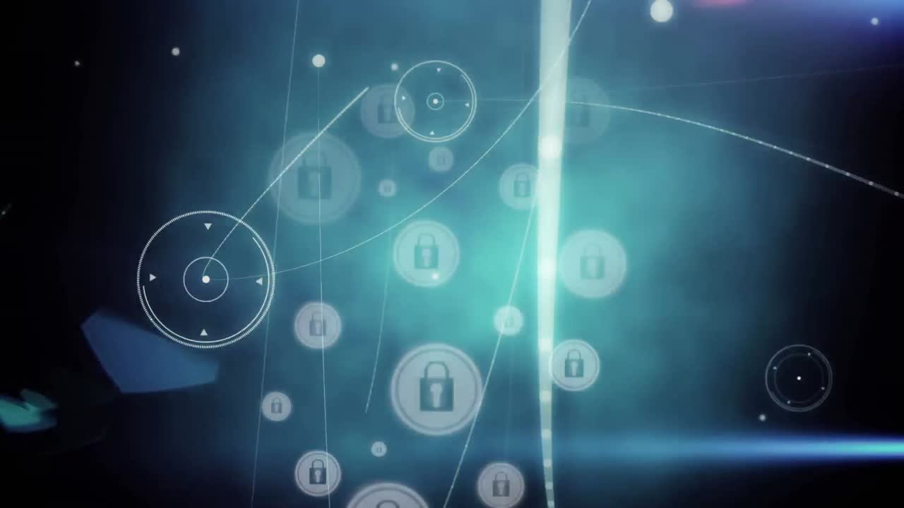 Digital animation of network of connections over multiple security padlock icons on blue background