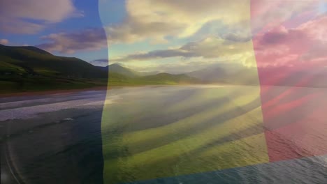 Digital-composition-of-belgium-flag-waving-against-aerial-view-of-waves-in-the-sea