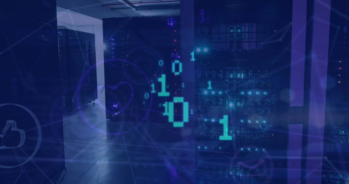 Animation of network of connections with icons and data processing over server room