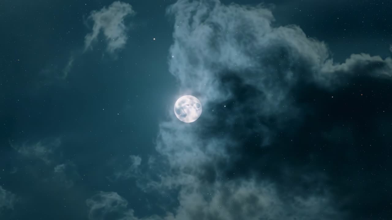 Brisa suave levando nuvens finas através da lua cheia no céu noturno, rareando e revelando as estrelas