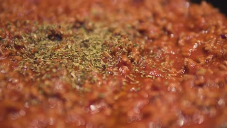 close up of cooking sauce bolognese adding oregano and spices