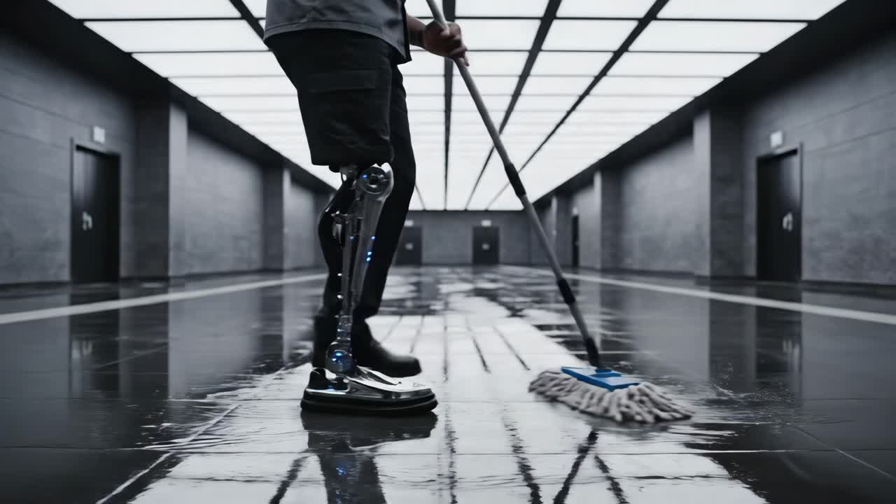 Bionic Janitor Mopping a Wet Hallway