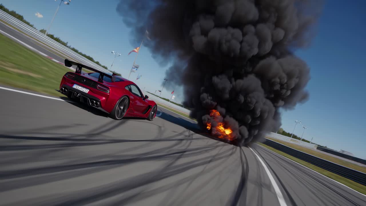 Burning Sports Car on Race Track
