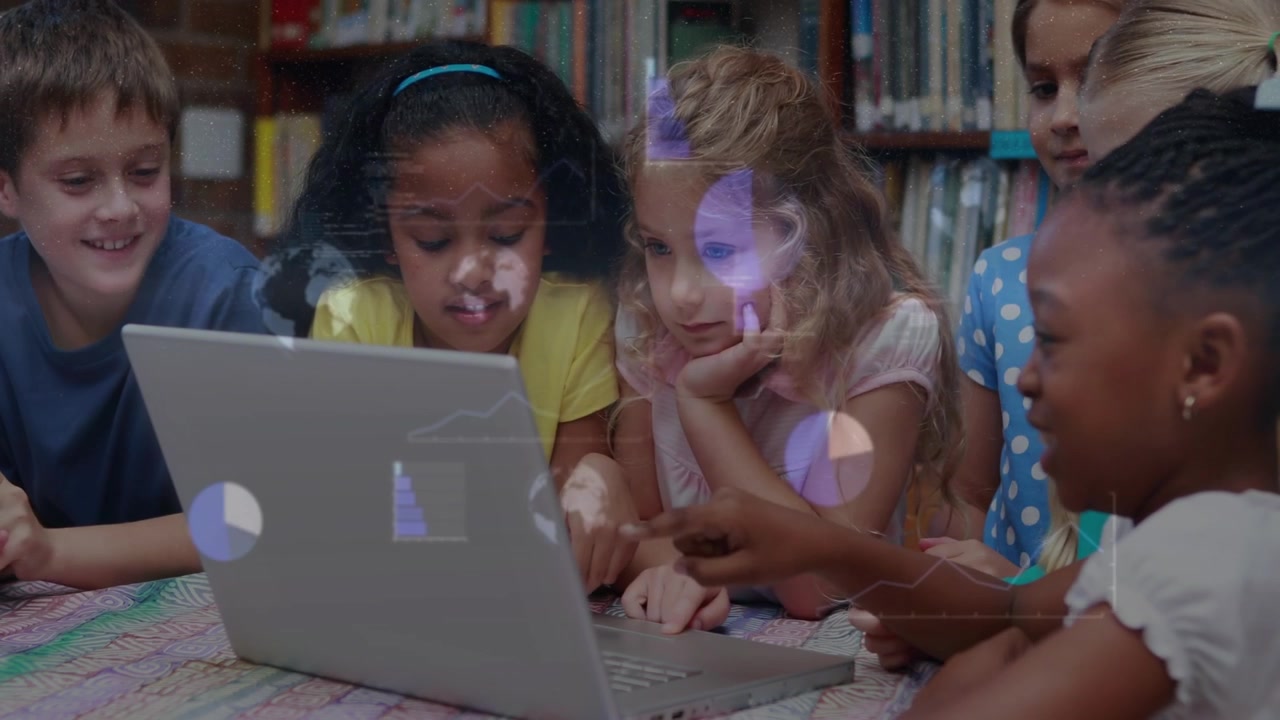 Kids tapping keys, laptop animating overlays, projecting charts and code onto faces for education