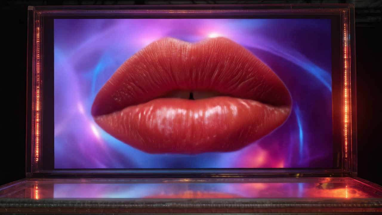 Primo piano vibrante di labbra rosse lucide circondate da eterei vortici di colore in un'ambientazione espositiva moderna, mantenendo una presenza visiva mozzafiato.