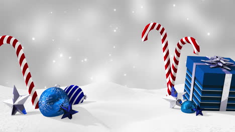 animación de la decoración de navidad sobre la nieve que cae sobre un fondo gris