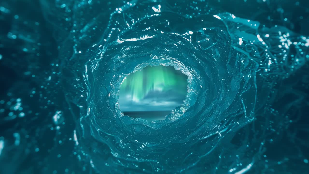 Moving camera viewpoint approaching cylindrical ice cavity rim at night, revealing aurora horizon