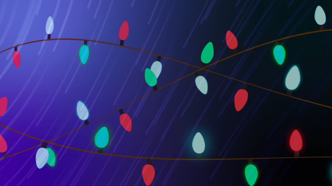 Animation of glowing fairy lights over light trails on purple background