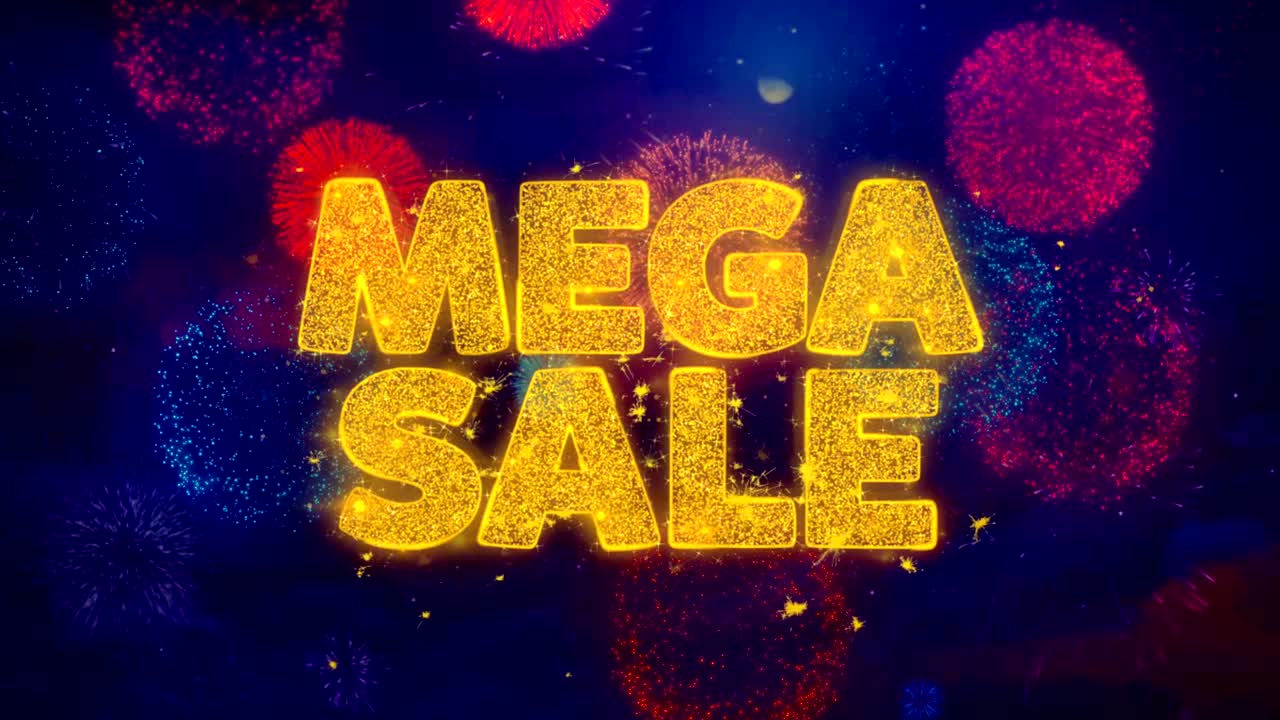 mega venta texto de saludo partículas de brillo en fuegos artificiales de colores