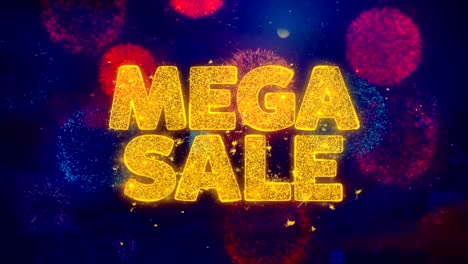 mega venta texto de saludo partículas de brillo en fuegos artificiales de colores