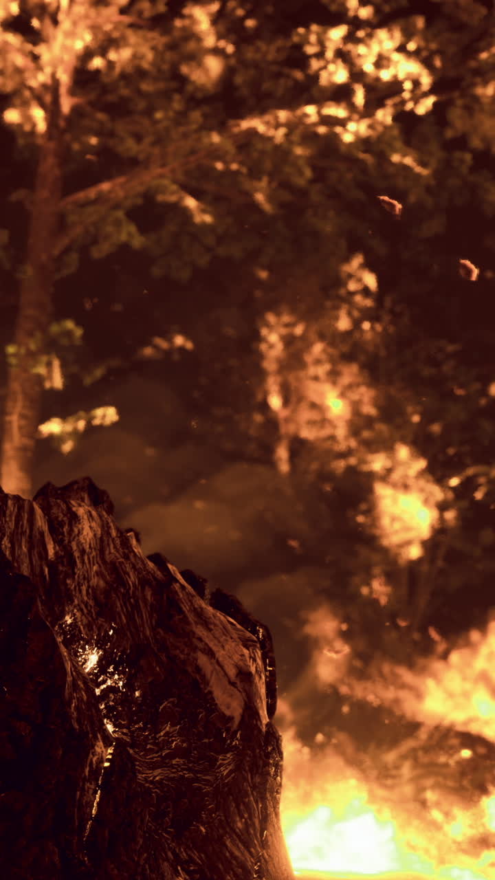 Forest engulfed in flames during a fierce wildfire at night