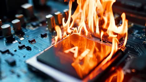 a computer motherboard on fire with the word ai on it