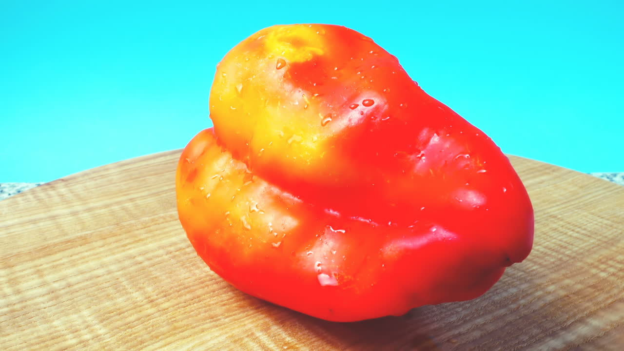 Peperone rosso dolce. Ripresa in movimento. Ripresa in cucina.