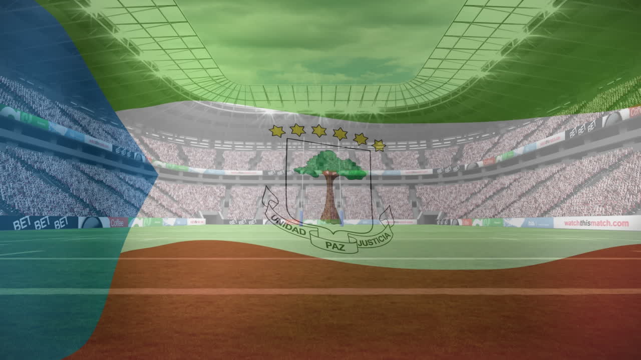 animación de ondear la bandera de guinea ecuatorial contra la vista de un estadio deportivo