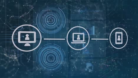 Animation-of-connected-icons-over-loading-circles-against-graphs-and-connected-dots-in-background