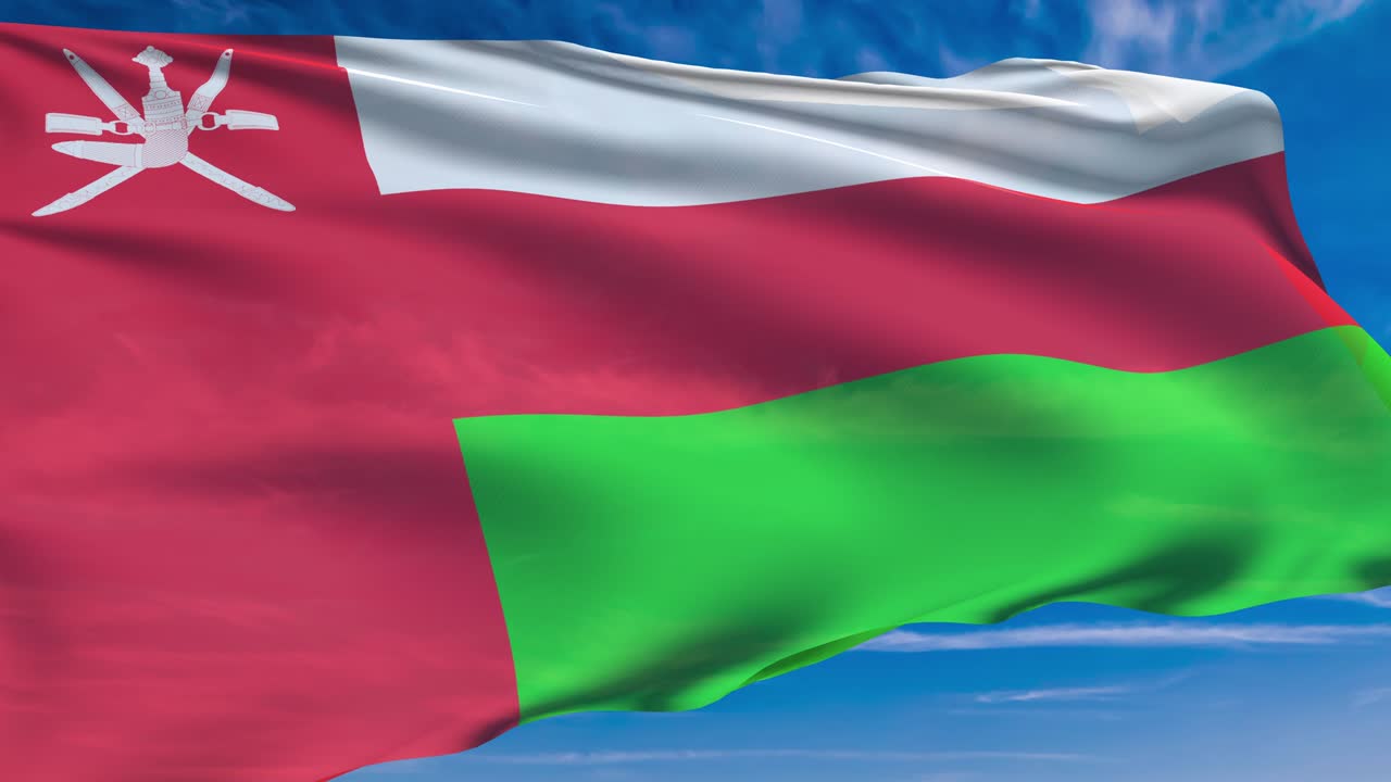 bandera de omán con estructura de tela contra un cielo nublado (loopable)