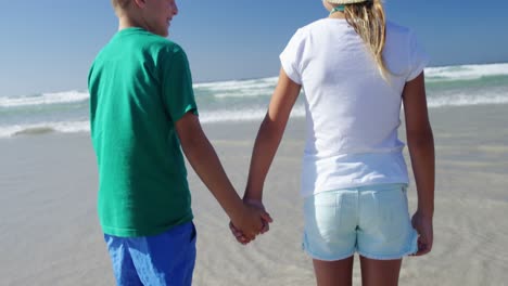 Siblings-holding-hands-at-beach-on-a-sunny-day