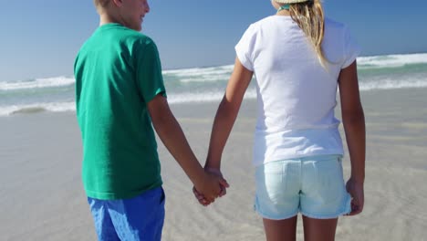 hermanos tomados de la mano en la playa en un día soleado