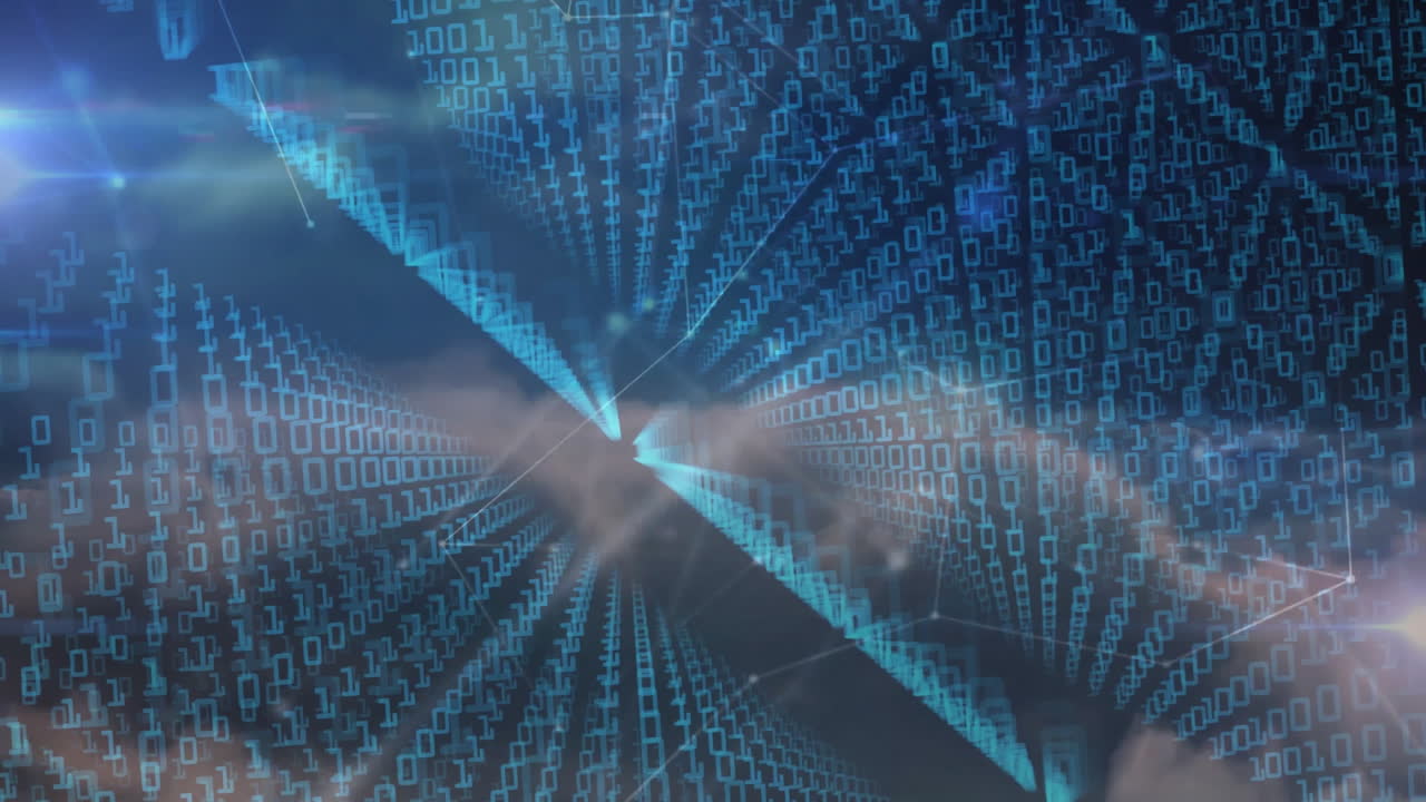 Animation of binary code overlaying cloudy sky, creating digital data patterns