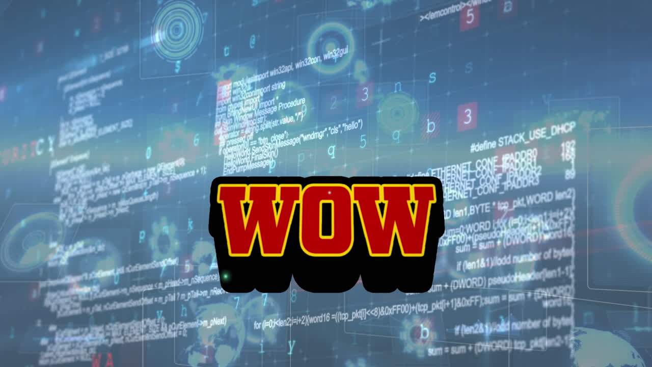 파란색 배경에 와우 텍스트와 데이터 처리의 애니메이션