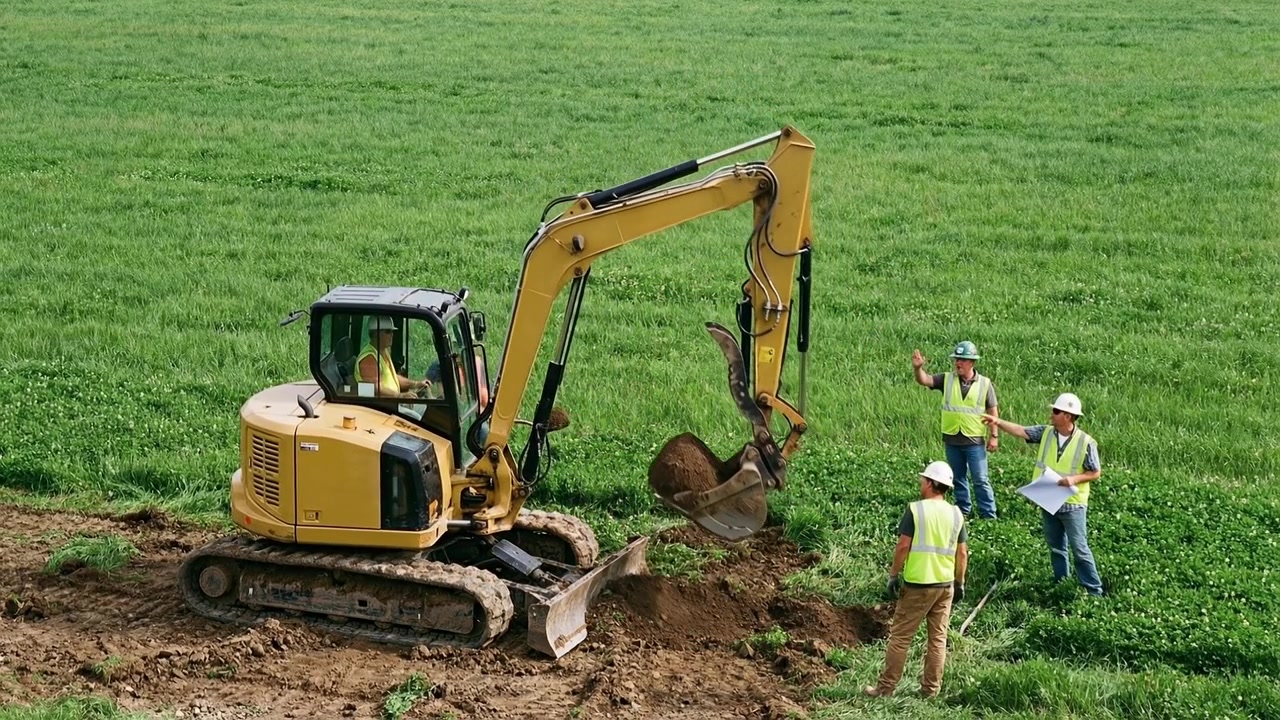 Excavadora amarilla excavando en un campo verde con trabajadores de la construcción llevando chalecos de seguridad y cascos.