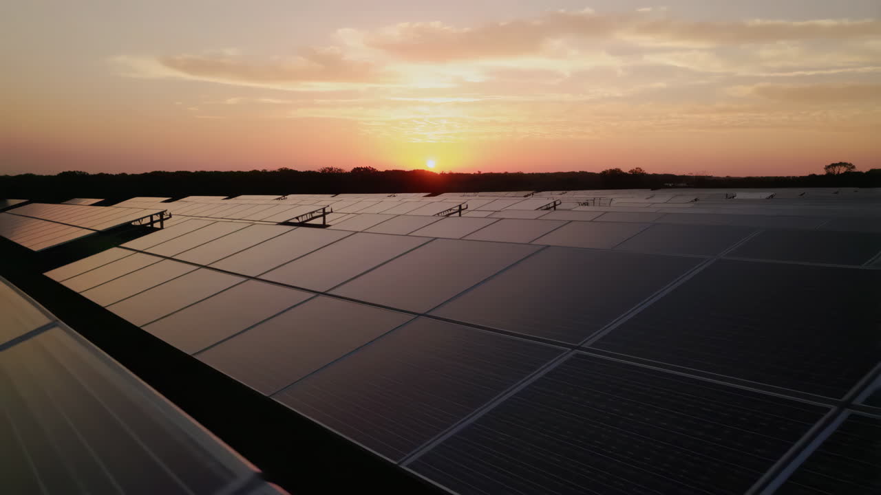 Solar panel field at sunset