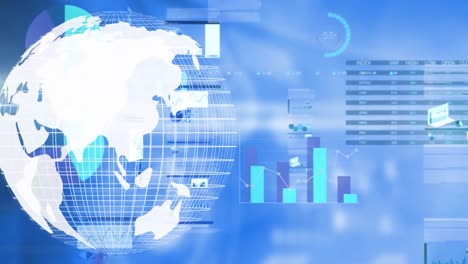 Animation-of-globe-over-graphs,-loading-circles-and-trading-board-against-abstract-background