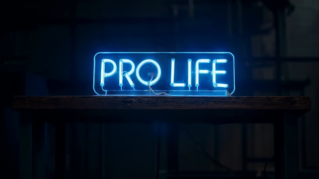 Sbalzo di tensione che causa lo sfarfallio di un cartello al neon blu PRO LIFE su un supporto trasparente con cablaggio in un laboratorio