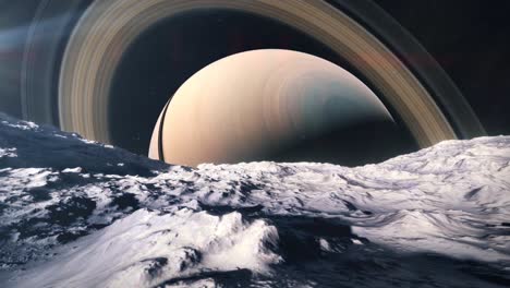 passing over the surface of a moon orbiting the gas giant of saturn and its rings