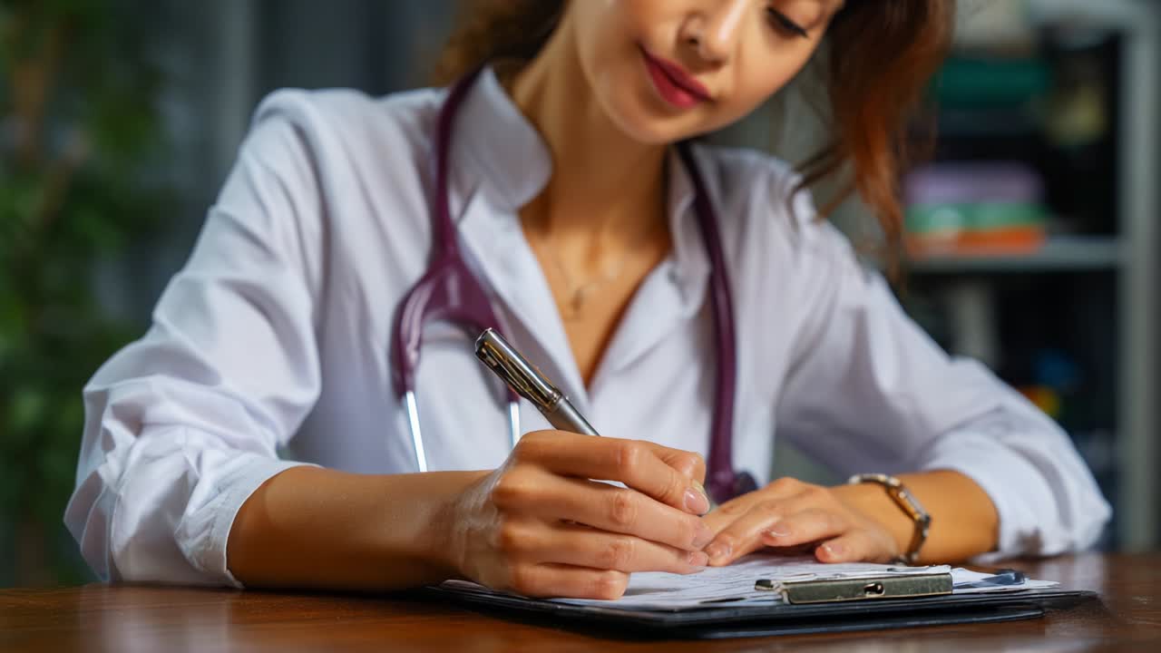 A focused healthcare professional diligently taking notes and documenting important information on a clipboard while seated at a desk in an organized and modern medical environment, showcasing commitment and expertise