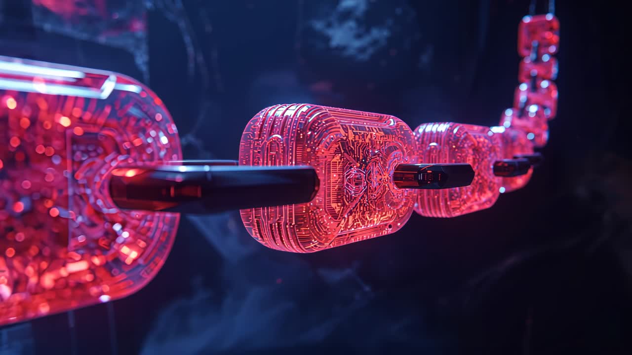 Opening shot translucent circuit link rotating in dark void, camera panning links revealing depth