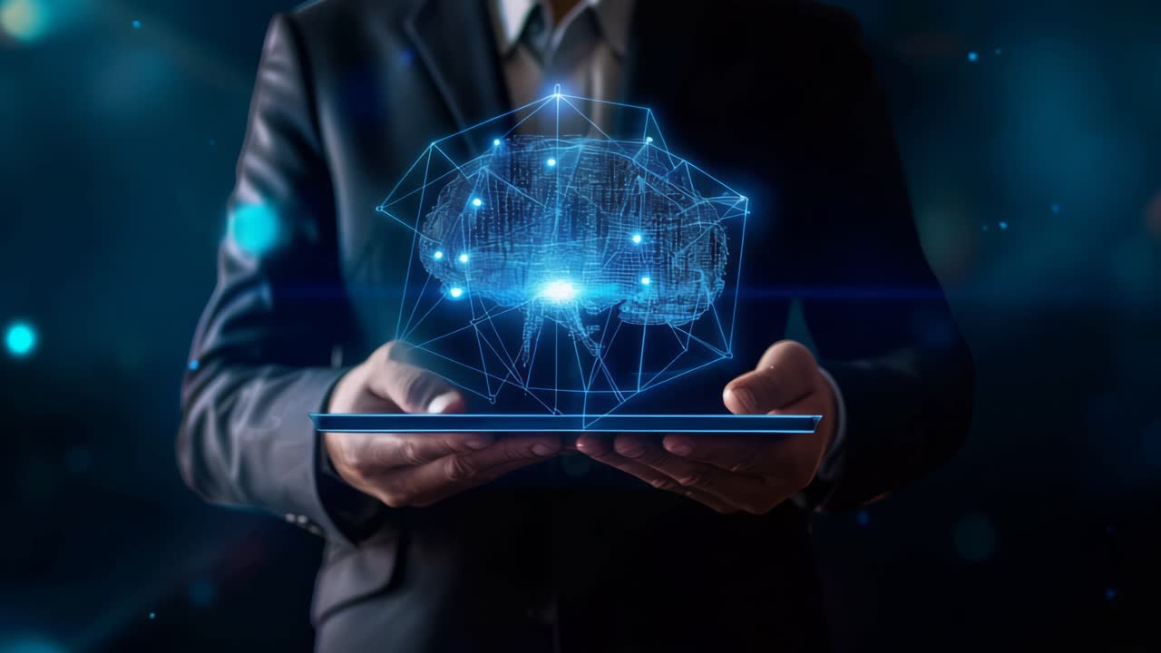 Businessman Presenting a Digital Brain on a Tablet