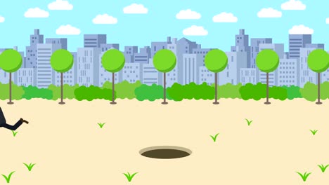 business man jump over the hole. background of town. risk concept. loop illustration in flat style.