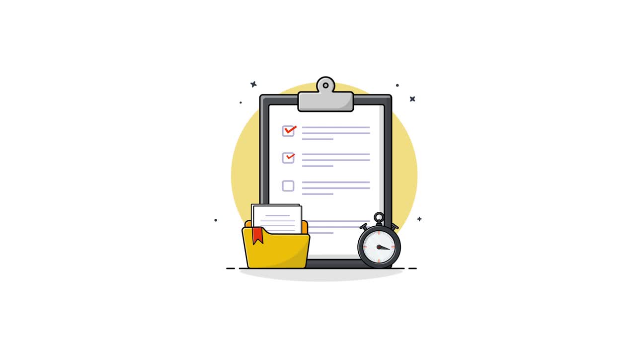Animated Checklist on Clipboard with Folder and Stopwatch