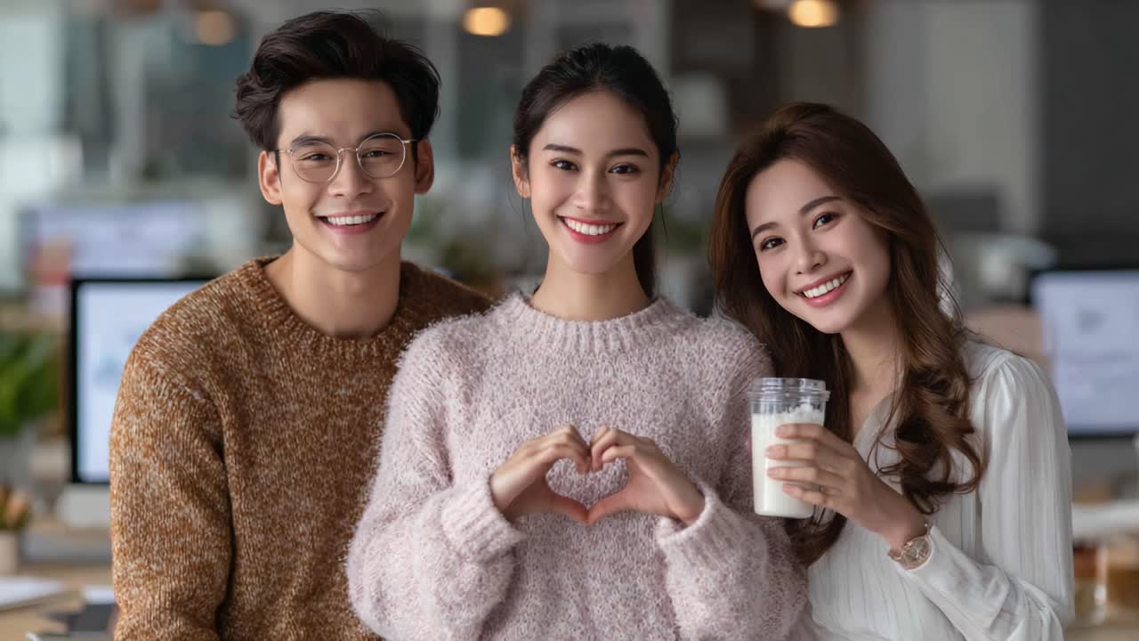 A Joyful Trio Posing Together in a Cozy Setting, Showcasing Friendship and Celebration with Heart-Shaped Gesture and Refreshing Beverages in a Modern Space