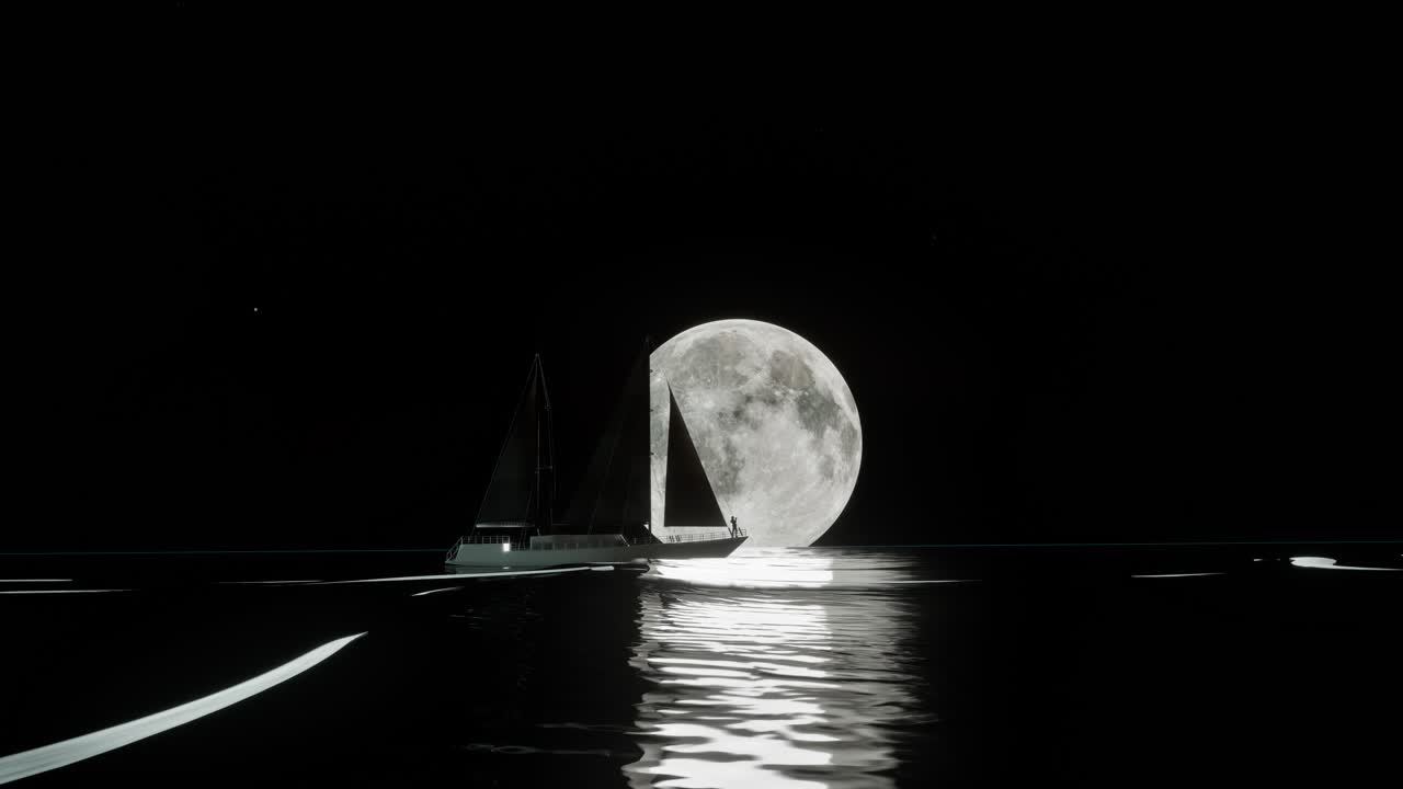 Tall Ship At Night Under A Full Moon