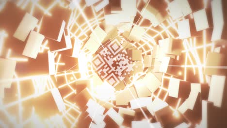 animation of digital neon qr code flickering over tunnel with blocks in background