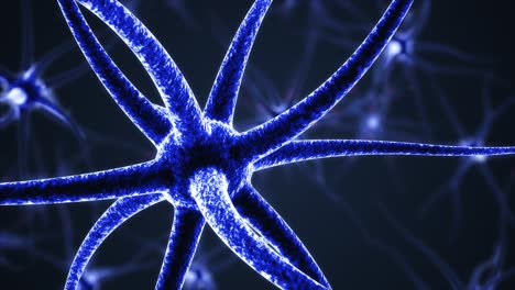 3d animation of neuron on dark blue background. many nerve cells emit red light. the focus is on the front and the background is blurred. zoom out shot.