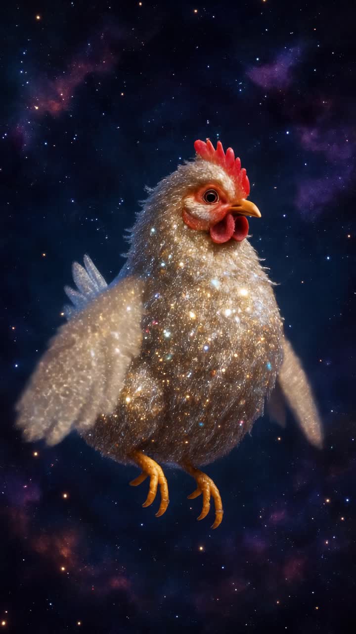 A whimsical, cosmic-themed video still of a glittering chicken, captured from a low angle
