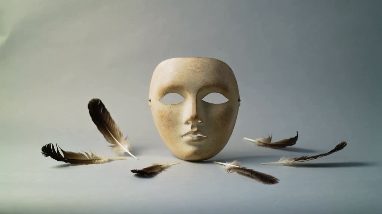 Luce chiave brillante che fa muovere la piuma sinistra accanto a una maschera facciale su un tavolo da studio, con un riflesso che si sposta