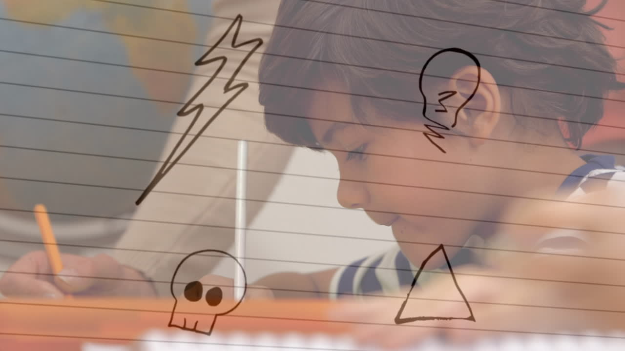 학교에서 수업 중인 두 인종의 학교 소년 위에 떨어지는 아이콘의 애니메이션