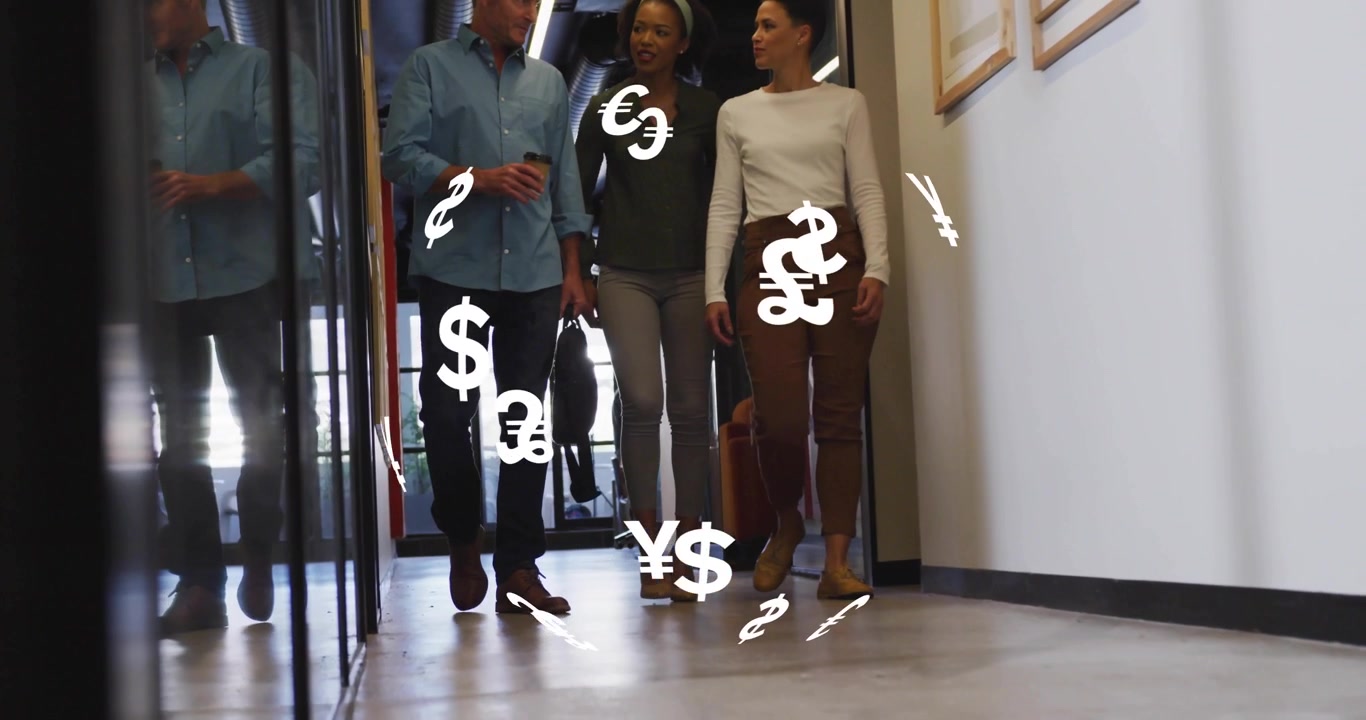 Man lifting smartphone and sharing finance data with team while walking hall swirling currencies