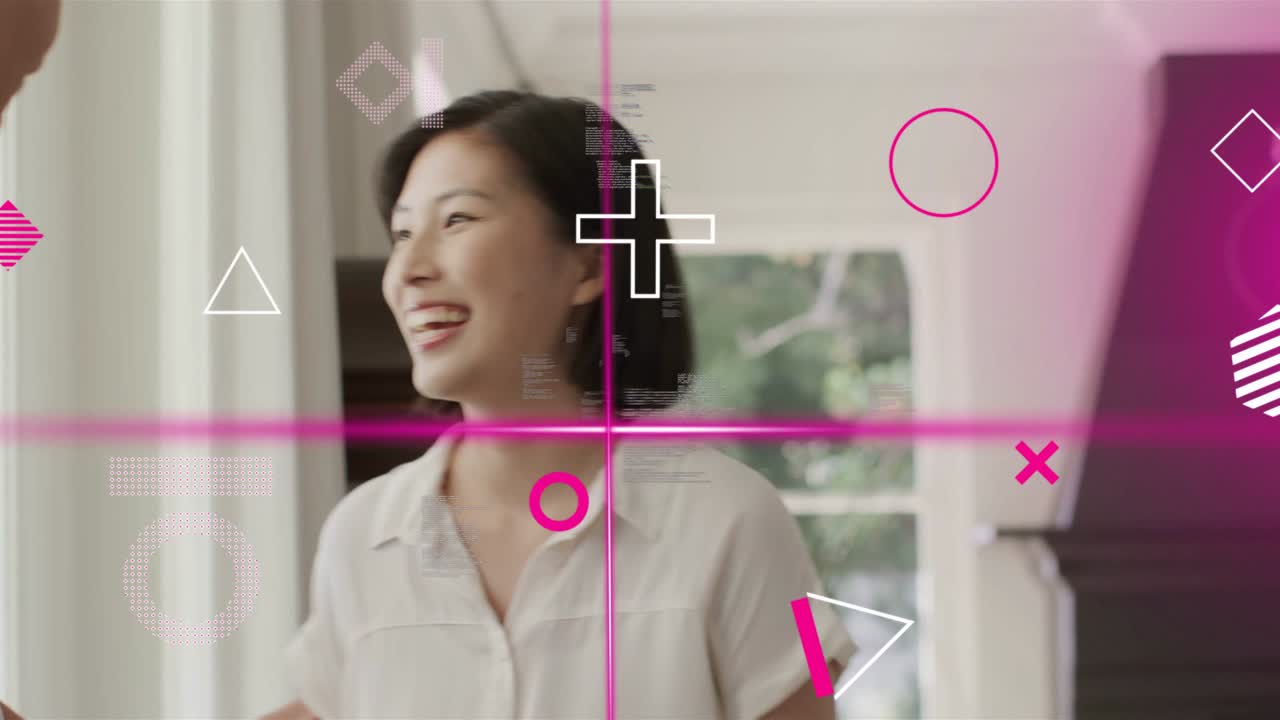 Woman turning as entering agent tapping shoulder triggers home tour, magenta overlay showing mantel