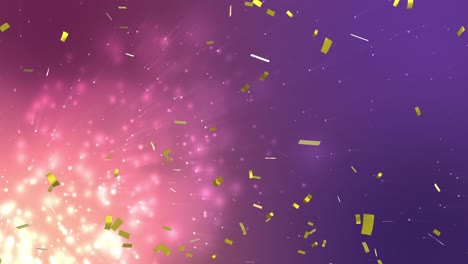 animación de confeti de oro que cae con partículas en un fondo púrpura brillante